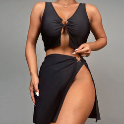 Solid Heart Ring Cover Up High Cut Crop Brazilian Three Piece Bikini Swimsuit
