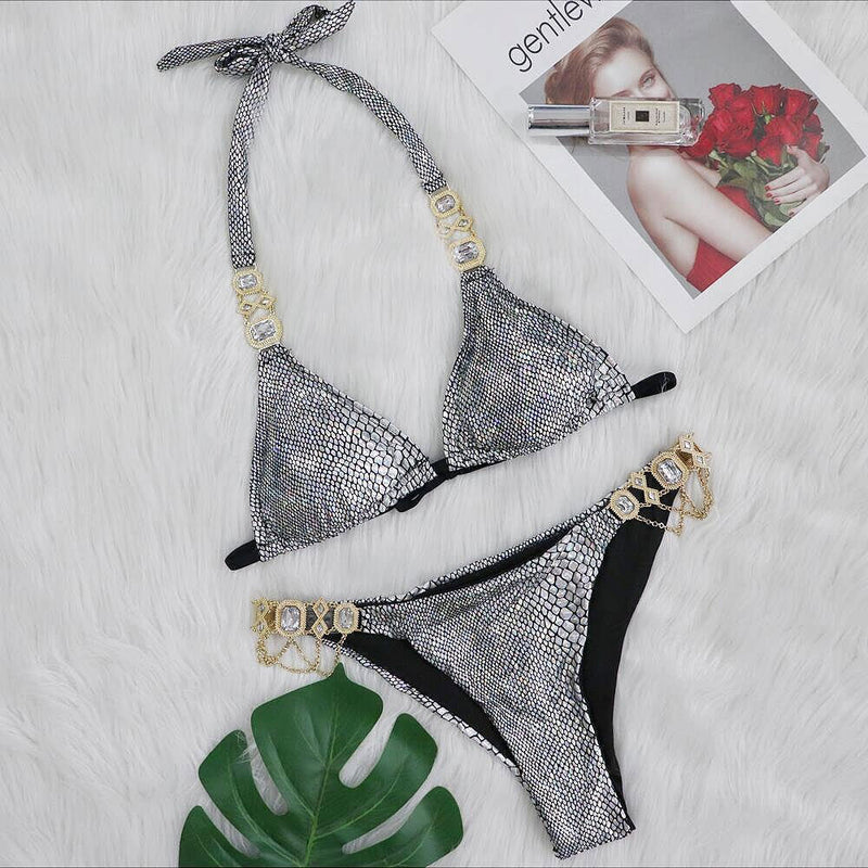 Sparkling Crystal Snake Print Slide Triangle Brazilian Two Piece Bikini Swimsuit