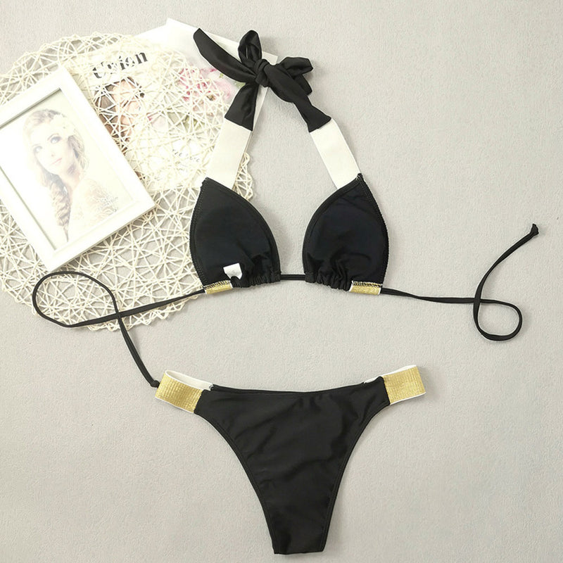 Sparkly Contrast High Cut Cheeky Triangle Brazilian Two Piece Bikini Swimsuit