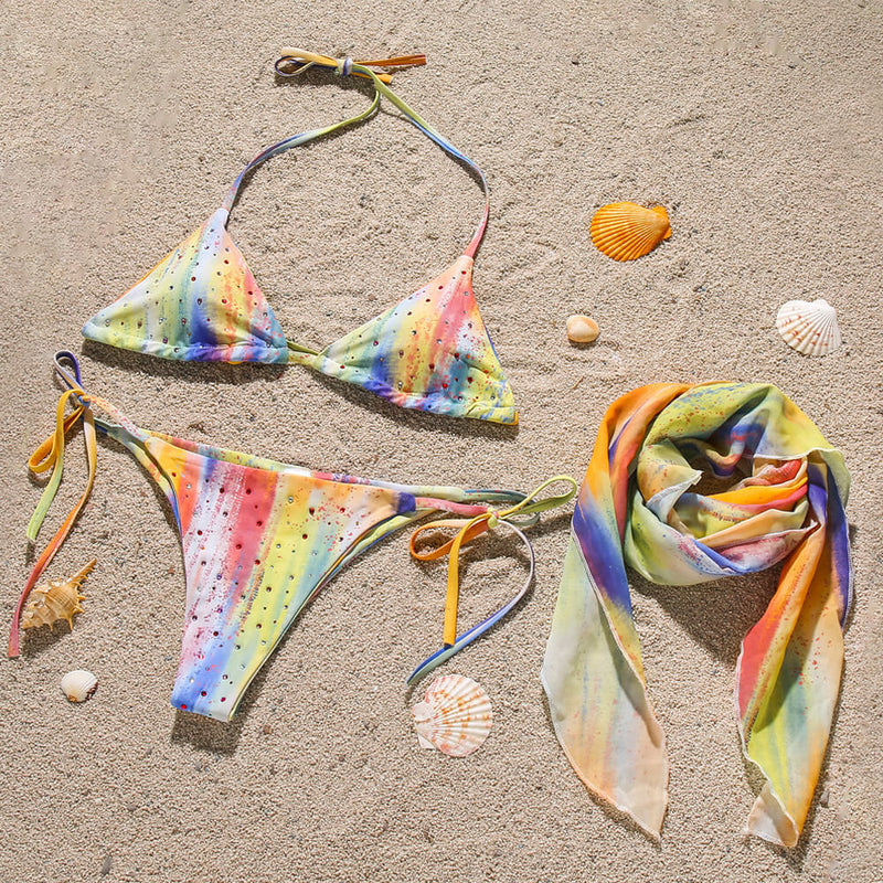 Sparkly Crystal Tie Dye Tie String Triangle Brazilian Three Piece Bikini Swimsuit