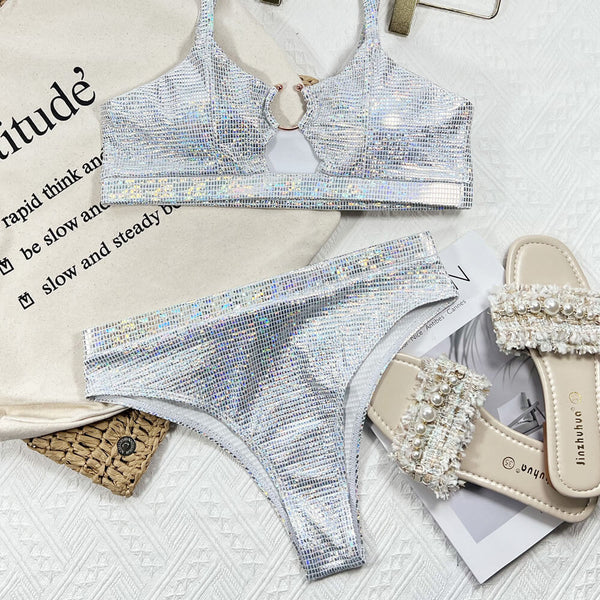 Sparkly O Ring High Cut High Waist Bralette Brazilian Two Piece Bikini Swimsuit