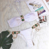 Sparkly Rhinestone Chain Trim Halter Brazilian Two Piece Bikini Swimsuit
