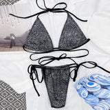 Sparkly Tie String Slide Triangle Brazilian Two Piece Bikini Swimsuit
