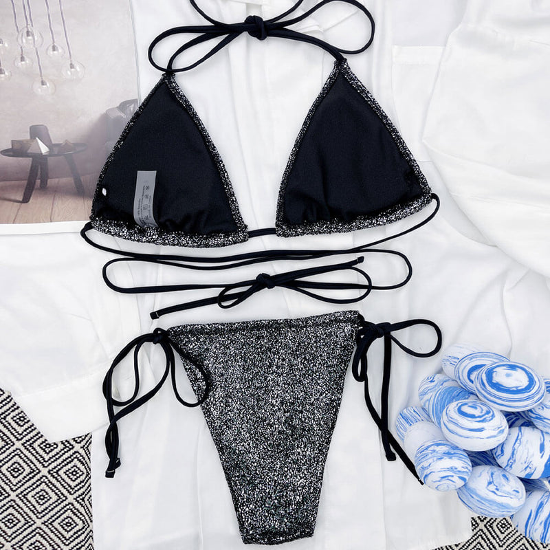 Sparkly Tie String Slide Triangle Brazilian Two Piece Bikini Swimsuit