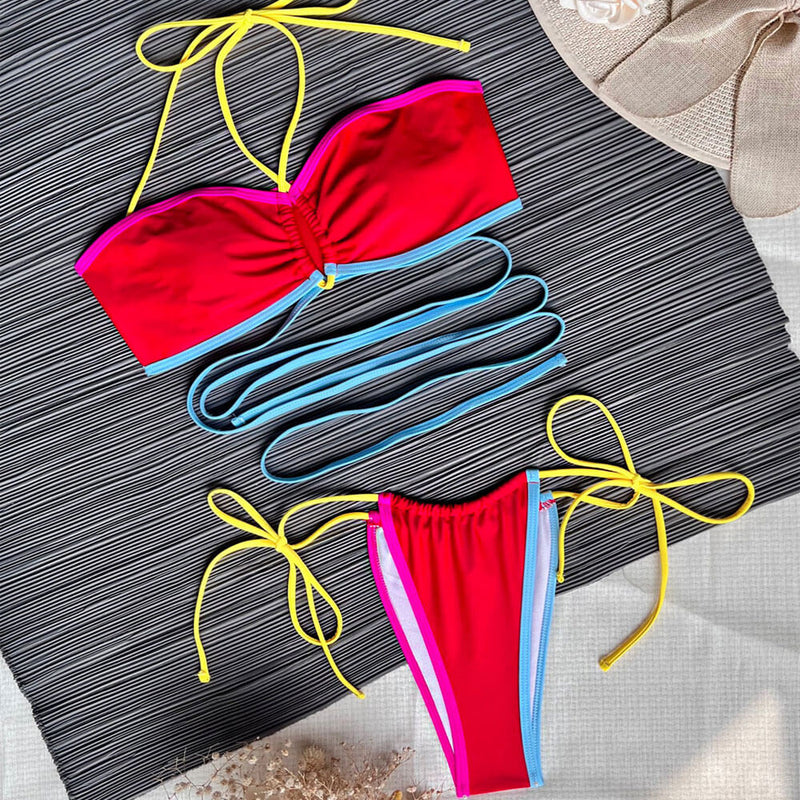Strappy Contrast Color Tie String Halter Brazilian Two Piece Bikini Swimsuit