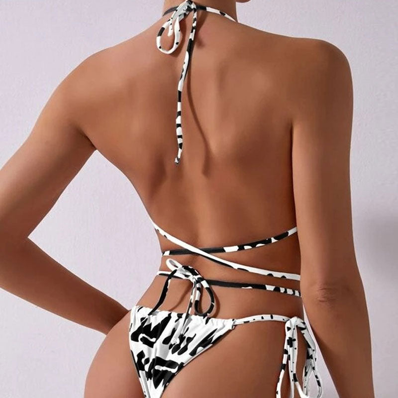 Strappy Contrast Print Wrap Slide Triangle Brazilian Two Piece Bikini Swimsuit