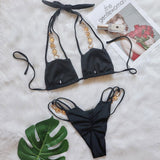 Strappy Cut Out Crystal Trim Halter Brazilian Two Piece Bikini Swimsuit