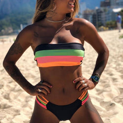 Sexy Strappy Rainbow Stripe Bandeau Thong Brazilian Two Piece Bikini Swimsuit