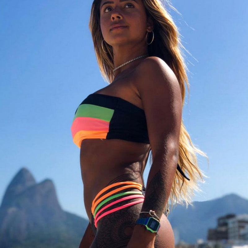 Sexy Strappy Rainbow Stripe Bandeau Thong Brazilian Two Piece Bikini Swimsuit