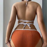 Strappy Ribbed Contrast Color Halter Triangle Brazilian Two Piece Bikini Swimsuit