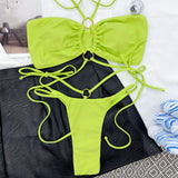 Strappy Ruched Thong Cutout O Ring Halter Brazilian Two Piece Bikini Swimsuit