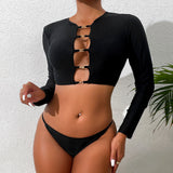 Strappy Sarong Cut Out Long Sleeve String Brazilian Three Piece Bikini Swimsuit