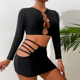 Strappy Sarong Cut Out Long Sleeve String Brazilian Three Piece Bikini Swimsuit