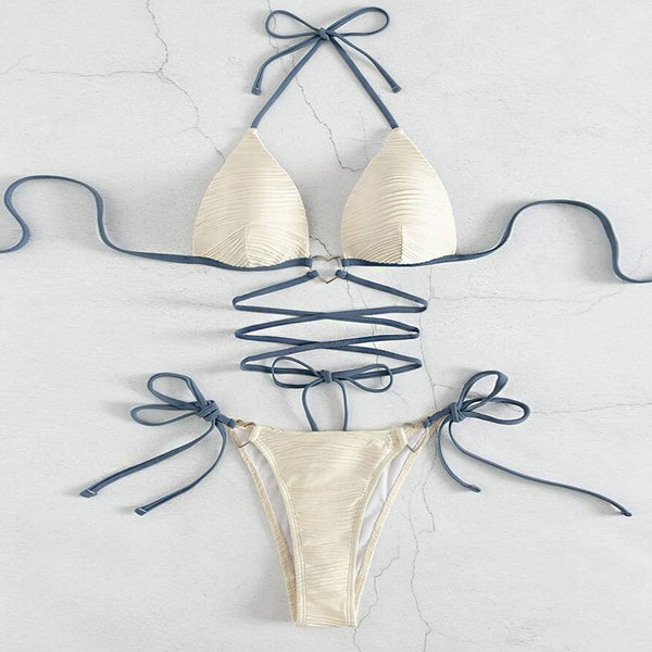 Strappy Textured Contrast Triangle Brazilian Two Piece Bikini Swimsuit