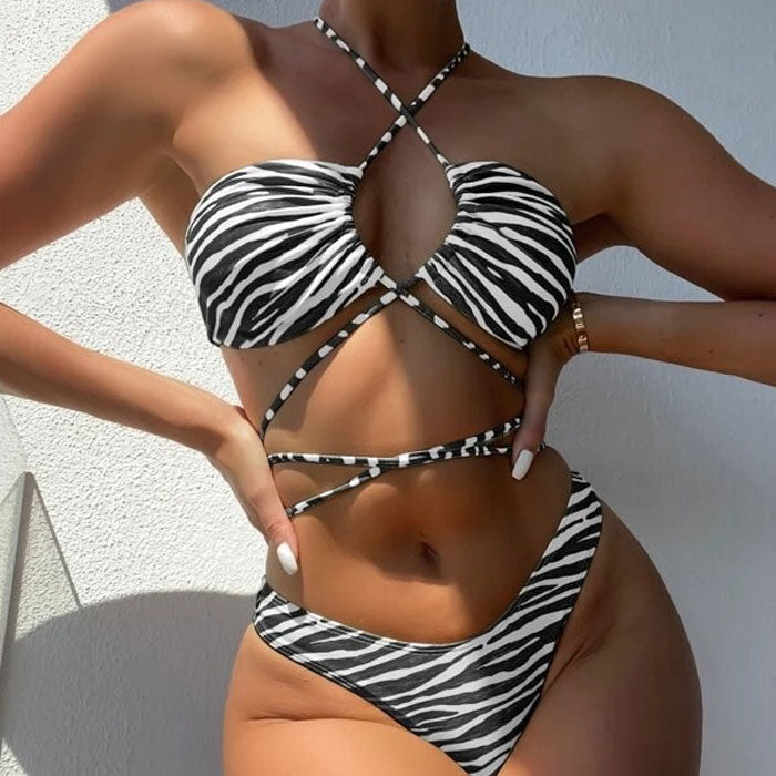 Strappy Zebra Print High Cut Halter Wrap Brazilian Two Piece Bikini Swimsuit