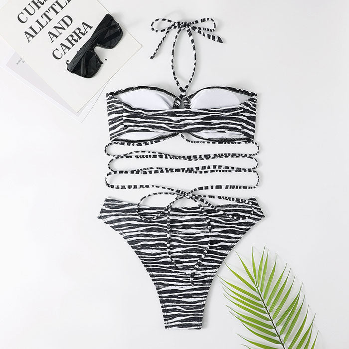 Strappy Zebra Print High Cut Halter Wrap Brazilian Two Piece Bikini Swimsuit