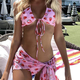 Strawberry Print Tie Front Bandeau Brazilian Three Piece Bikini Swimsuit