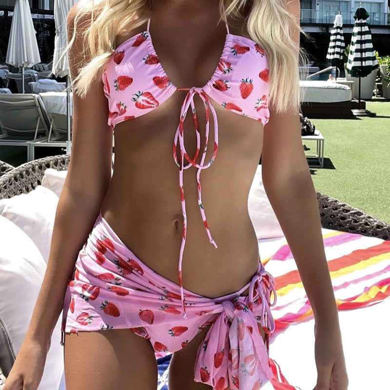 Strawberry Print Tie String Halter Brazilian Three Piece Bikini Swimsuit