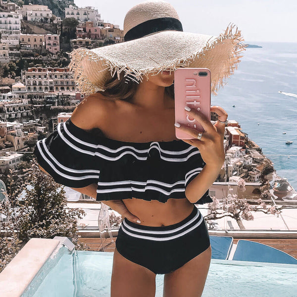 Stripe High Waist Off Shoulder Brazilian Two Piece Bikini Swimsuit