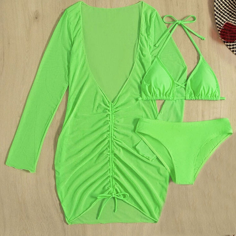 Stylish Cover Up Crossed Trim Slide Triangle Brazilian Three Piece Bikini Swimsuit
