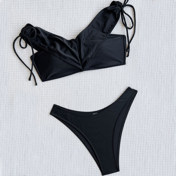 Stylish High Cut V Neck Drawstring Brazilian Two Piece Bikini Swimsuit