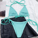 Stylish Textured Tie String Slide Triangle Brazilian Two Piece Bikini Swimsuit