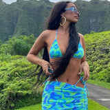 Sunshine Tie Dye Slide Triangle String Brazilian Three Piece Bikini Swimsuit