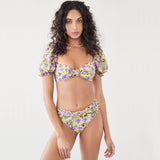Sweet Floral Puff Sleeve Knotted Front Brazilian Two Piece Bikini Swimsuit