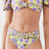 Sweet Floral Puff Sleeve Knotted Front Brazilian Two Piece Bikini Swimsuit