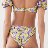 Sweet Floral Puff Sleeve Knotted Front Brazilian Two Piece Bikini Swimsuit