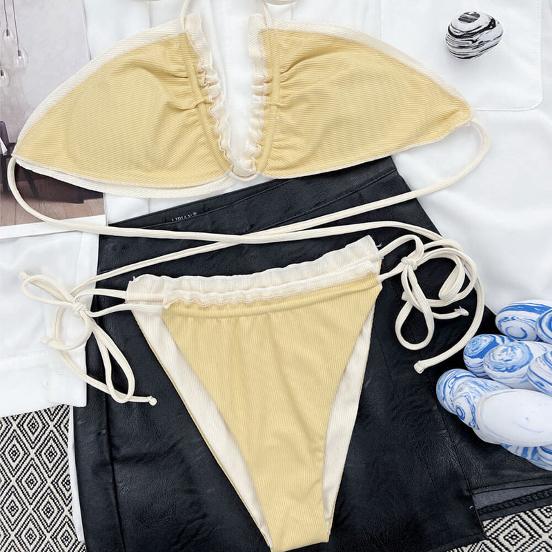 Sweet Ribbed Ruffle Trim Halter Brazilian Two Piece Bikini Swimsuit