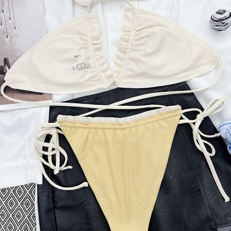 Sweet Ribbed Ruffle Trim Halter Brazilian Two Piece Bikini Swimsuit