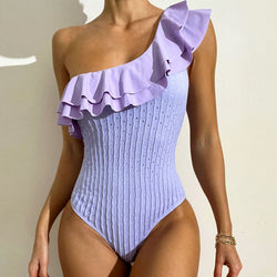 Swing Ruffle Wavy Stripe One Shoulder Brazilian One Piece Swimsuit