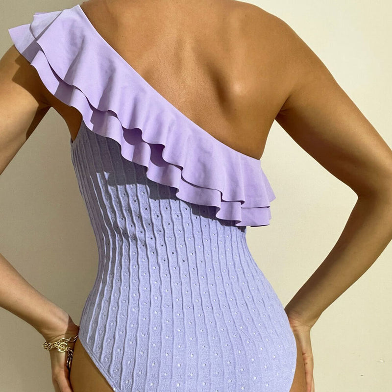 Swing Ruffle Wavy Stripe One Shoulder Brazilian One Piece Swimsuit