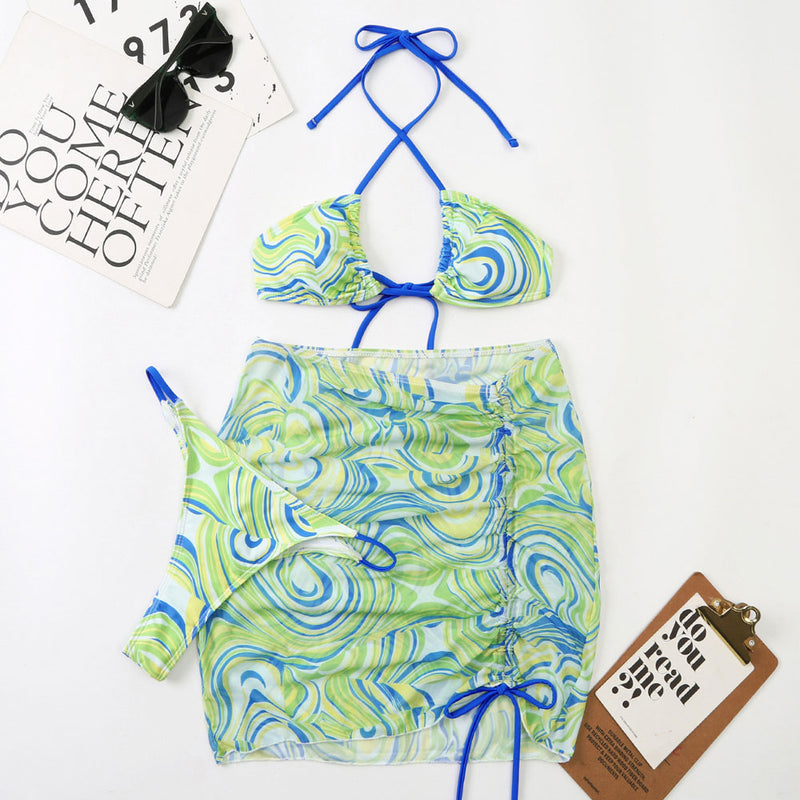 Swirl Cover Up String Thong Brazilian Three Piece Bikini Swimsuit