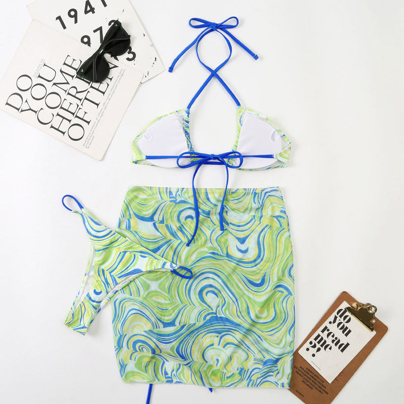 Swirl Cover Up String Thong Brazilian Three Piece Bikini Swimsuit