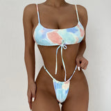 Tie Dye Cinch Front Ruched String Brazilian Two Piece Bikini Swimsuit