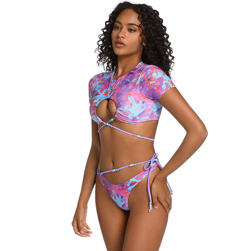 Tie Dye High Cut Thong Cutout Wrap Crop Brazilian Two Piece Bikini Swimsuit