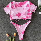 Tie Dye High Leg Drawstring Brazilian Two Piece Bikini Swimsuit