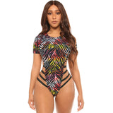Tiger Print High Cut Strappy Short Sleeve Brazilian One Piece Swimsuit