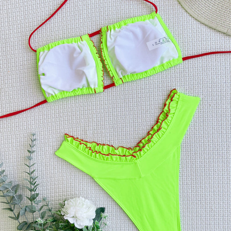 Trendy Contrast Ruffle Halter Cutout Brazilian Two Piece Bikini Swimsuit