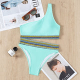 Trendy Contrast Trim One Shoulder Bralette Brazilian Two Piece Bikini Swimsuit