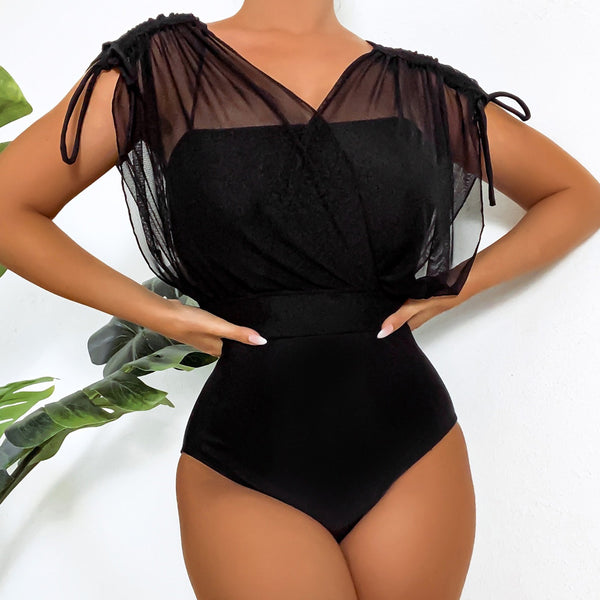 Trendy Drawstring Tie Ruched Sheer Mesh Brazilian One Piece Swimsuit