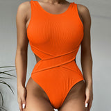 Trendy Ribbed Cutout Wrap Trim Scoop Neck Brazilian One Piece Swimsuit