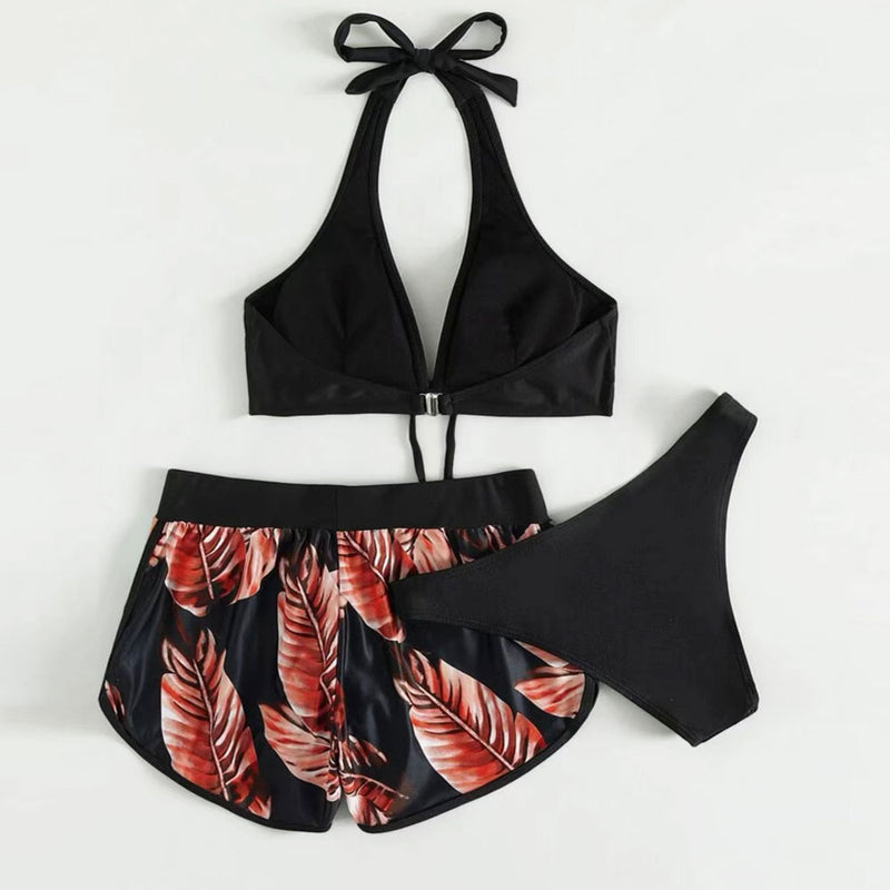 Tropical Boyshort Halter Triangle Brazilian Three Piece Bikini Swimsuit