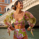 Tropical Floral Organza Sleeve High Waist Brazilian Two Piece Bikini Swimsuit