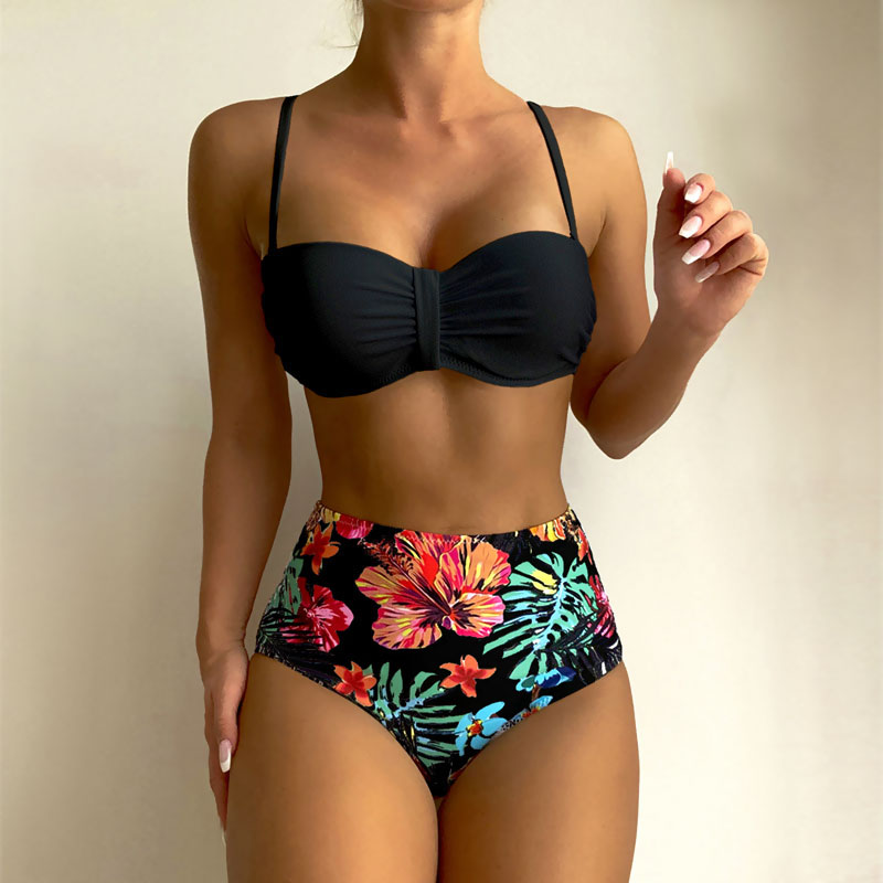 Tropical High Waist Ruched Underwire Tie Back Brazilian Two Piece Bikini Swimsuit