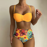 Tropical High Waist Ruched Underwire Tie Back Brazilian Two Piece Bikini Swimsuit