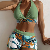 Tropical High Wast Boy Short Halter Brazilian Two Piece Bikini Swimsuit