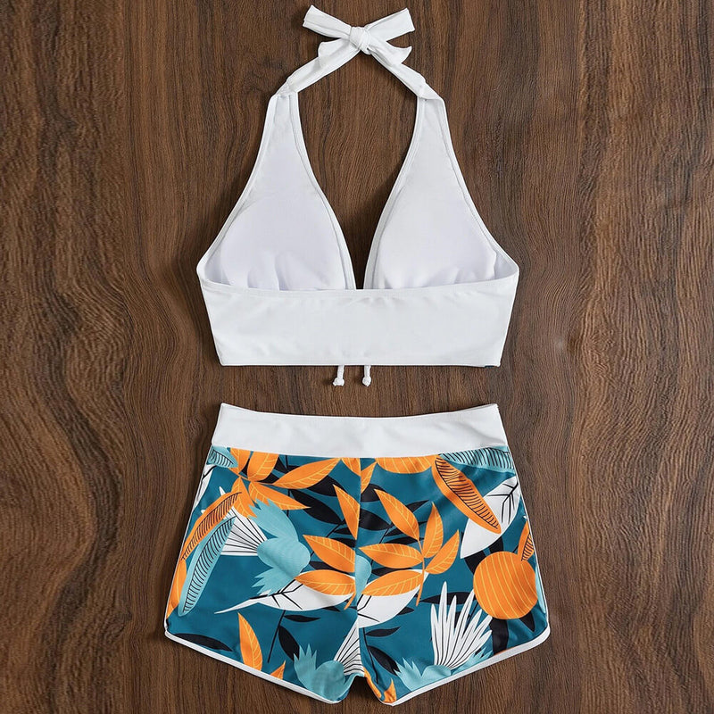 Tropical High Wast Boy Short Halter Brazilian Two Piece Bikini Swimsuit